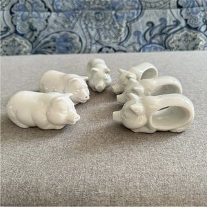 Adorable PIG salt and pepper shakers AND 4 napkin ring holders- Porcelain